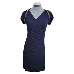Carmen Marc Valvo Wrap Leather Studded Moto Style Dress Size Medium Navy Blue